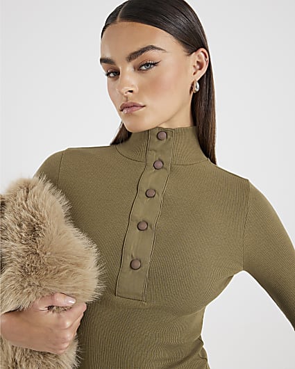 Green Long Sleeve Popper High Neck Top