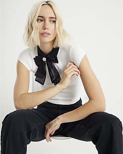 White Short Sleeve Bow Neck Fitted Top