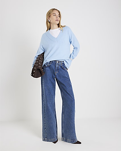 Blue High Rise Seamed Wide Leg Jeans