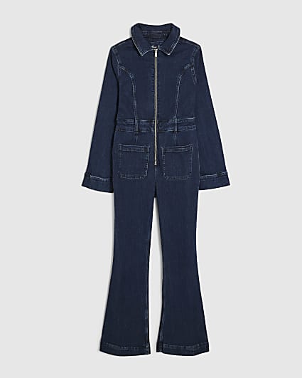 Petite Blue Denim Long Sleev Stretch Jumpsuit