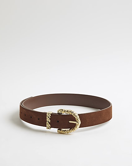 Brown Twisted Buckle Suede Belt