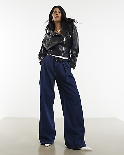 Blue Belted Pleated Wide Leg Jeans