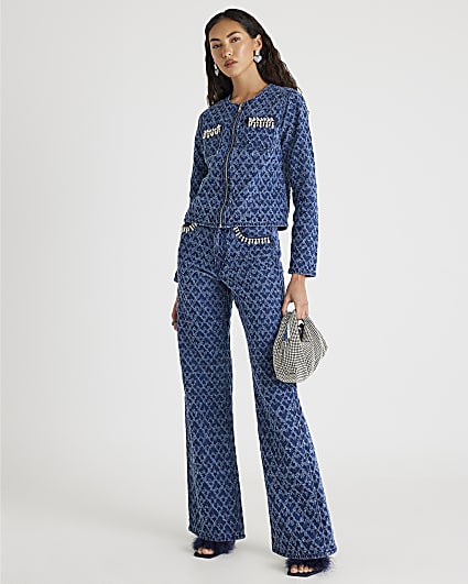 Blue Boucle Embellished Straight Leg Jeans