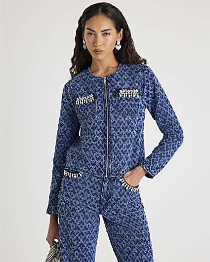 Blue Long Sleeve Embellished Boucle Jacket