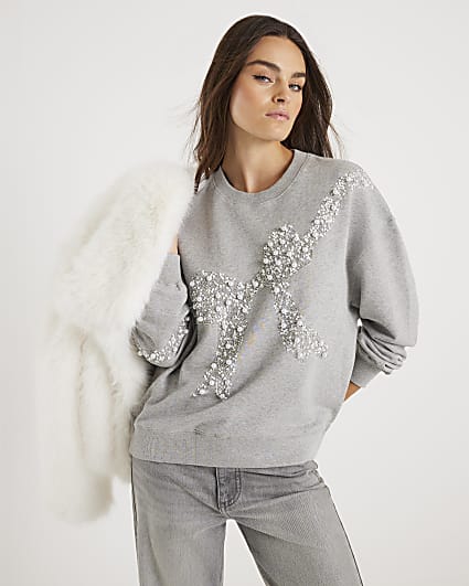 Grey Embellished Bow Christmas Sweatshirt