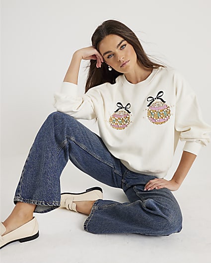 Cream Embellished Bauble Sweatshirt