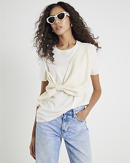 Cream Boucle Hybrid Bow T-shirt