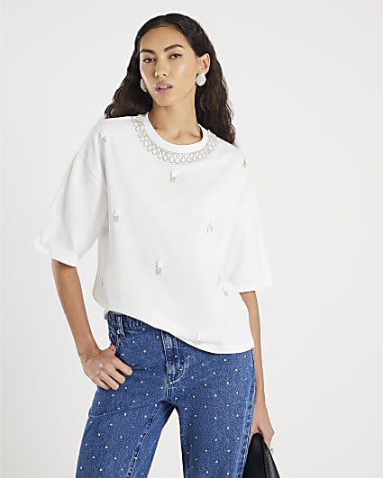 White Short Sleeve Diamante Necklace T-shirt