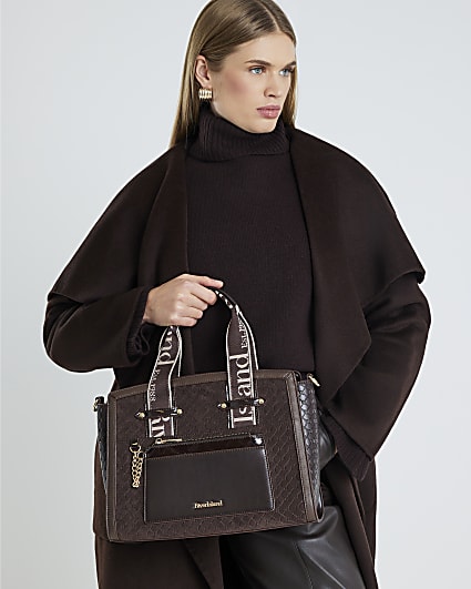 Brown Faux Suede Monogram Tote Bag