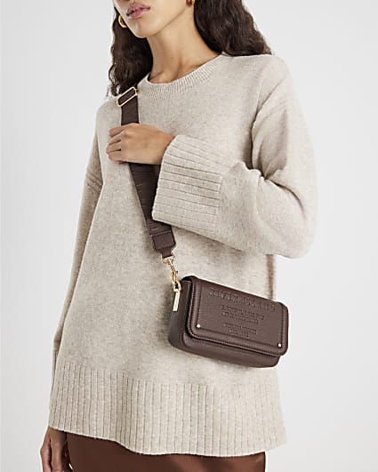 Brown Embossed Flap Cross Body Bag