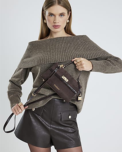 Brown Faux Suede Lock Front Tote Bag