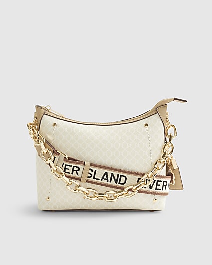Beige Monogram Chain Front Slouchy Cross Body