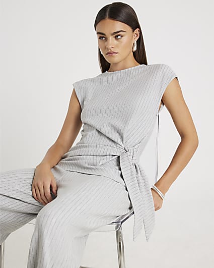 Grey Short Sleeve Pinstripe Tie Detail Top