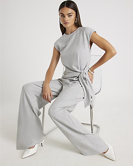 Grey Drawstring Pinstripe Wide Leg Trousers