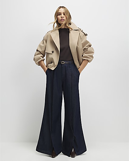 Blue Belted Split Hem Wide Leg Jeans