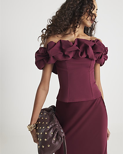 Red Sleeveless Ruffle Bardot Top