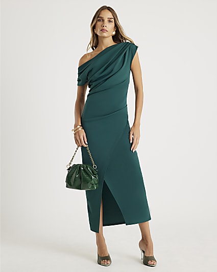 Green Asymmetric Draped Wrap Midi Dress