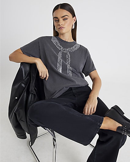Grey Short Sleeve Glitter Scarf T-shirt