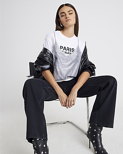 White Short Sleeve Glitter Cami Paris T-shirt