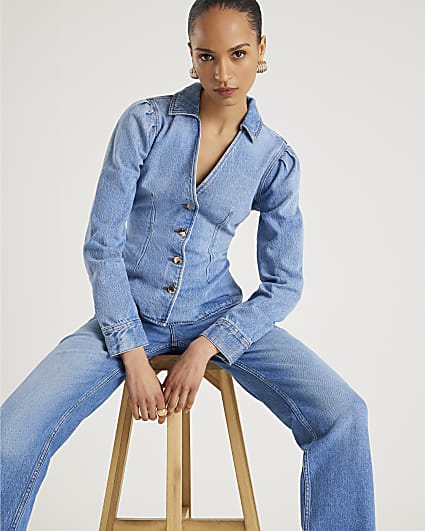 Blue Denim Long Puff Sleeve Jacket