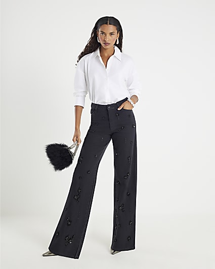Black Relaxed Straight Embellished Jeans