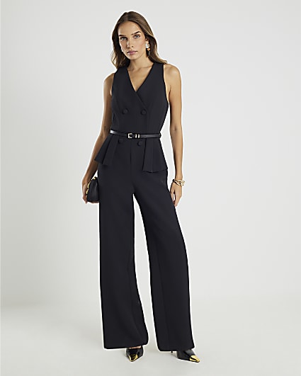 Black Belted Pleated Waist Jumpsuit