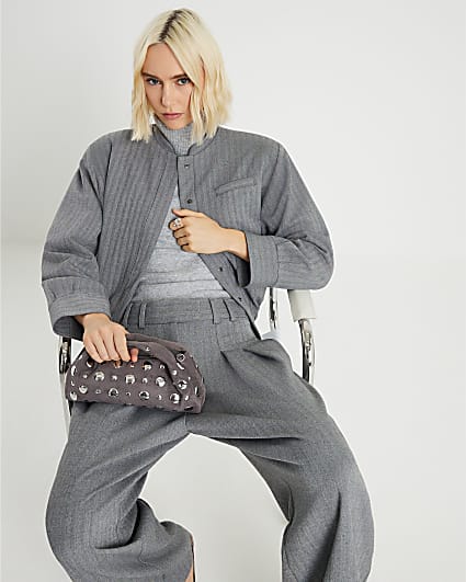 Grey Long Sleeve Herringbone Bomber Jacket