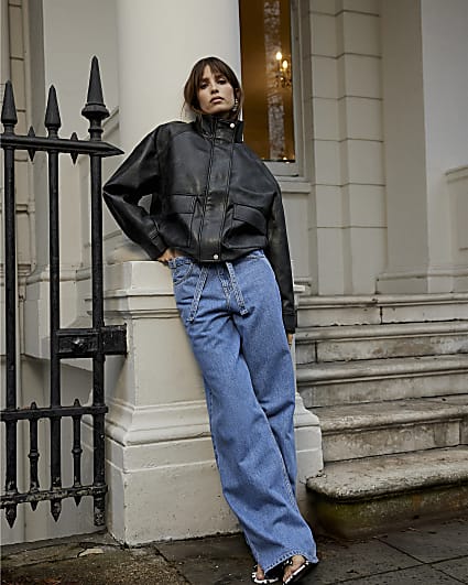 Blue Wide Leg Tie Front Jeans