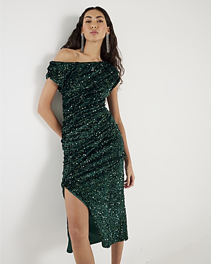 Green Short Sleeve Velvet Sequin Midi dress