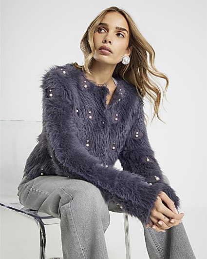 Grey Long Sleeve Faux Fur Cardigan