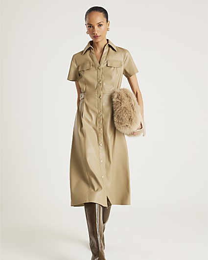 Beige Faux Leather Midi Shirt Dress