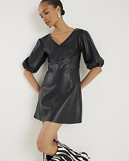 Black Faux Leather Puff Sleeve Mini Dress
