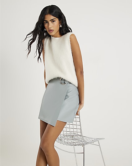 Blue Faux Leather Eyelet Mini Wrap Skirt