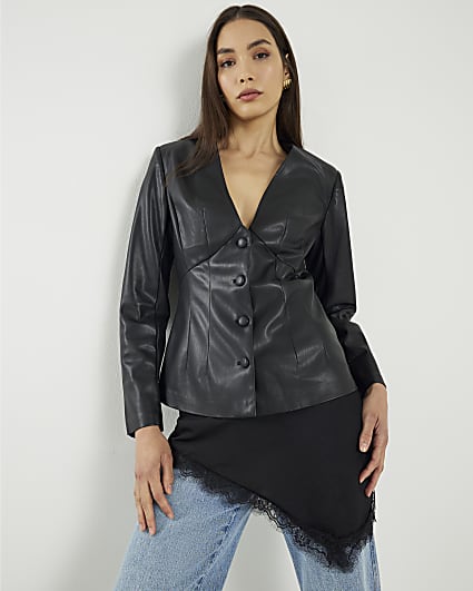Black Faux Leather Fitted V Neck Top