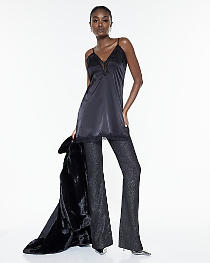 Black Mid Rise Glitter Flared Jeans