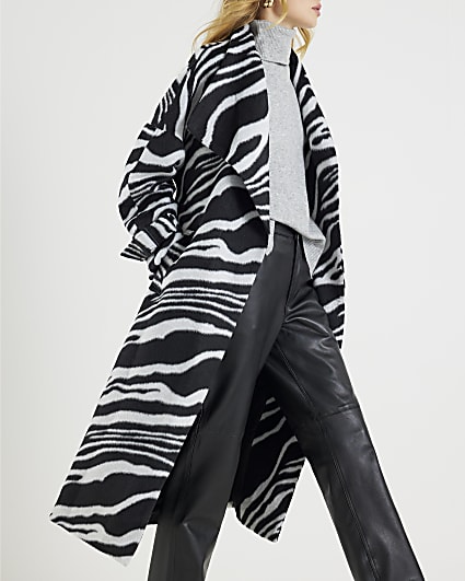 Black Zebra Print Batwing Sleeve Belted Coat