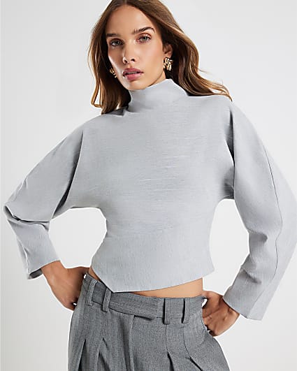 Grey High Neck Pinstripe Top