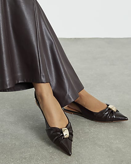 Brown Ruched Slingback Pointed Toe Shoes