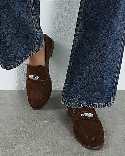 Brown Faux Suede Silver Detail Loafers