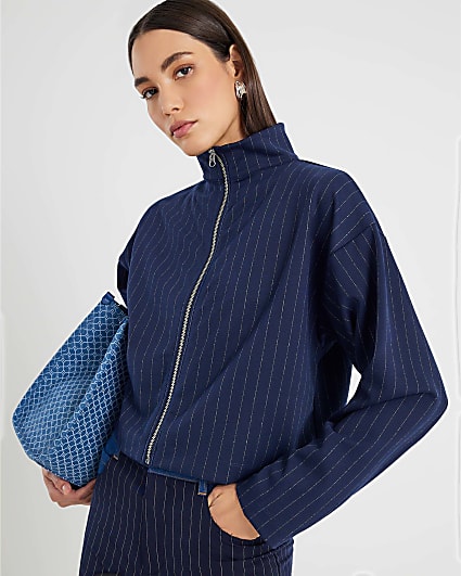 Navy Long Sleeve Pinstripe Zip Through Jacket