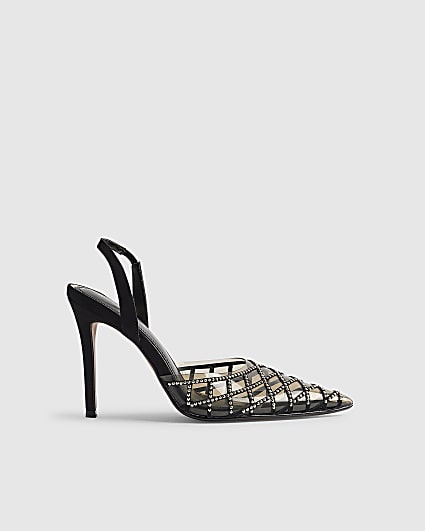 Black Studded Perspex Court Slingback Heels