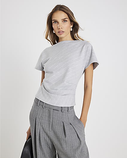 Grey Pinstripe Ruched T-shirt