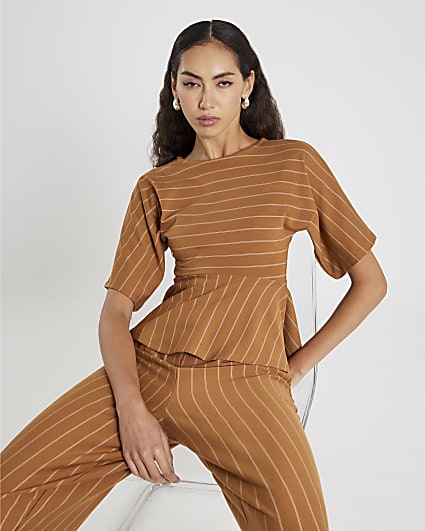 Beige Pinstripe Peplum Hem Top