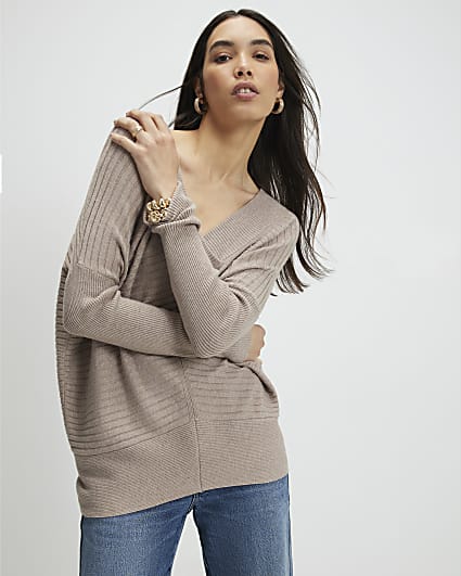 Brown V Neck Ribbed Jumper