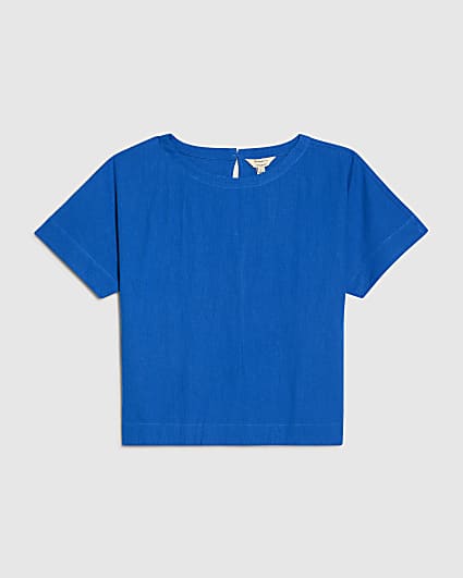 Petite Blue Linen Blend Top