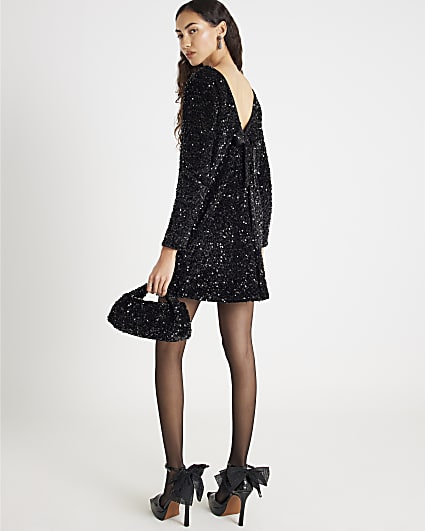 Black Sequin Embellished Bow Back Mini Dress