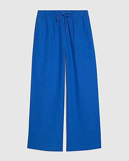 Petite Blue Linen Blend Wide Leg Trousers
