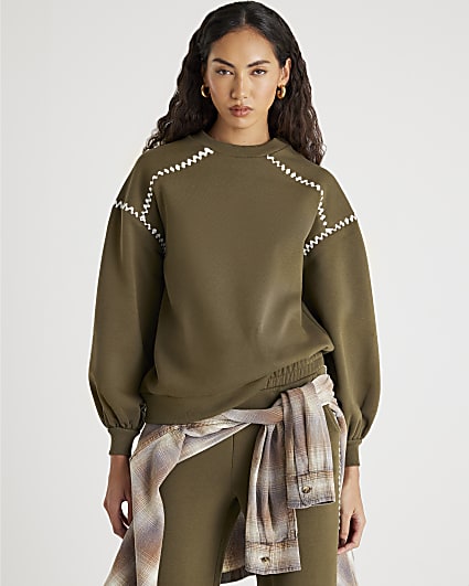 Khaki Long Sleeve Whipstitch Sweatshirt