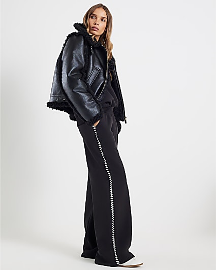 Black Whipstitch Wide Leg Joggers