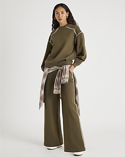 Khaki Whipstitch Wide Leg Joggers